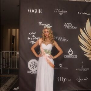 Madison James White and Gold Prom Dress